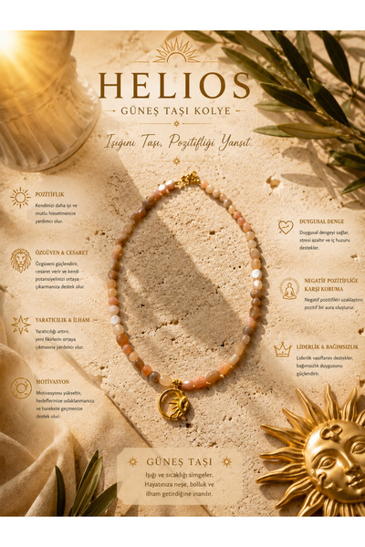 Helen Atelier Helios - Doğal Güneş Taşı Çelik Güneş Charm Kolye - Sunstone Co...