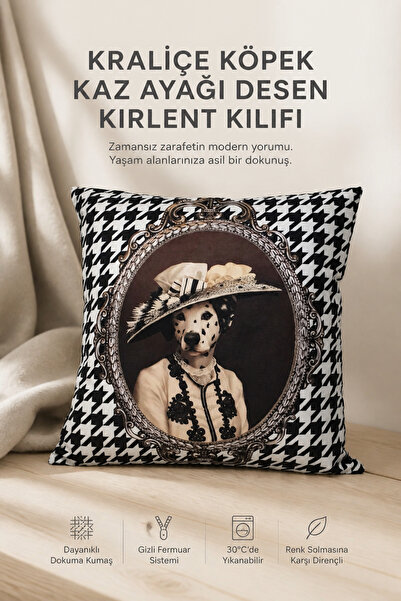 KIRLENT EV Kraliçe Köpek Kaz Ayağı Desen Kırlent Kılıfı