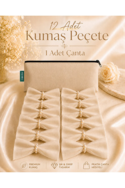 ilmek Bej 12'li Kumaş Peçete ve Inci Sunum Yüzüğü Özel Dikişsiz Jarse Kumaş