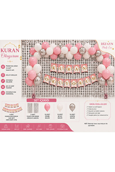 Dizayn Parti Evi Kuran Okuyorum Dekor Seti Mavi Pembe Tema Seçenekli Gümüş Fo...