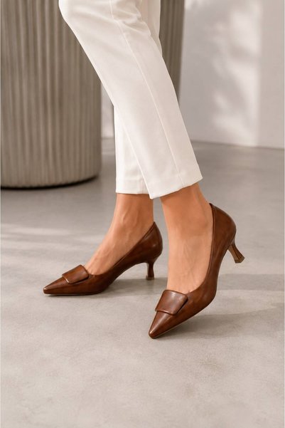 LİVENDİ SHOES Women's Tan Pointed Toe Square Buckle Thin Heeled Classic Shoes Comfortable Fit Office and Daily Use