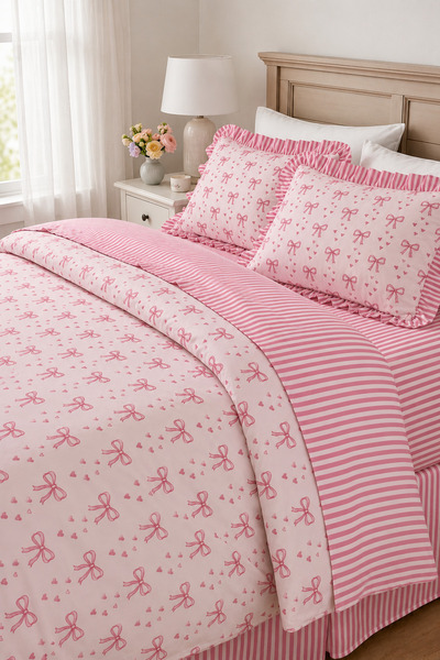 GÖRMEZ TEKSTİL 100% Cotton Ruffled Double Bow Pattern Duvet Cover Set