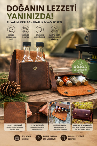 Vivaldi Home Bushcraft Outdoor Deri Çantalı Kamp Baharatlık Ve Yağdanlık Seti...