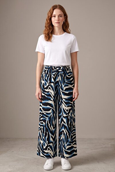 hadiora Women's Black Blue Abstract Patterned Atlas Wide Leg Pants