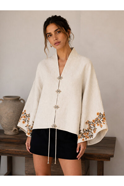 Nulivez PRINTED Beige Kimono Jacket – Relaxed Fit Wide Sleeve Special Design ...