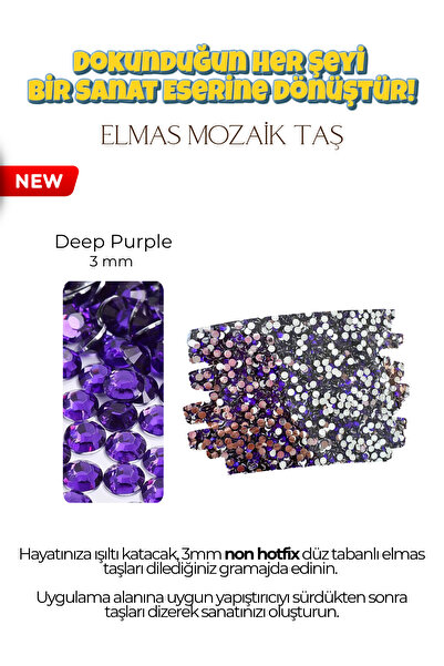 1000 Adet Elmas Mozaik Taş | 3mm Non-Hotfix Düz Tabanlı Süsleme Taşı/Diamond Painting - Deep Purple