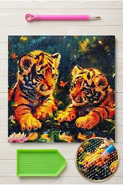 LİVA CRAFT Art & Craft Diamond Mosaic Painting, 30X30Cm Two Tiger Cubs Bead G...
