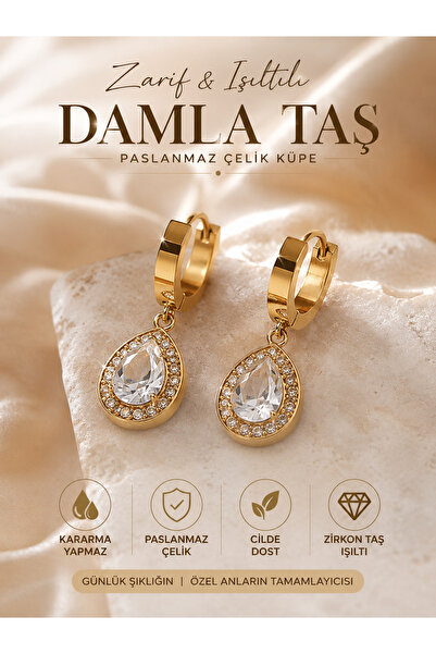 karmabijuteriaksesuar Gold Color Drop Stone Steel Women's Vip Earrings