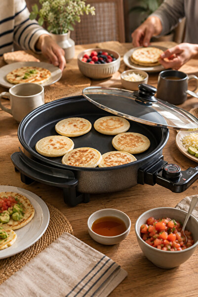 Generic مقلاة كهربائية (36 سم) 1500 واط مع غطاء زجاجي للبيتزا والأومليت والناتشوز والتورتيلا والفطائر