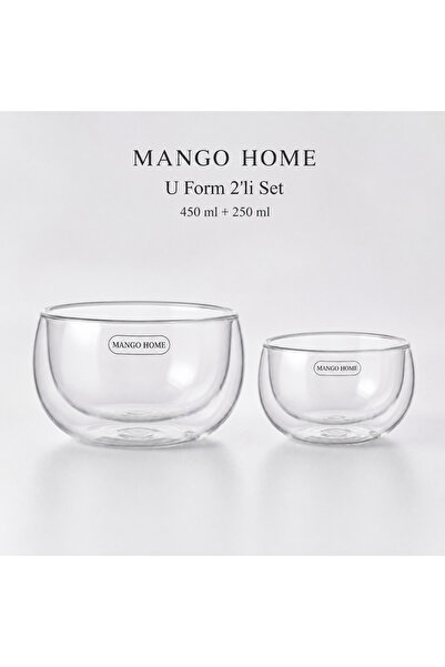 Mango Home U Form Çift Cidarlı Borosilikat Sunum Kasesi- 2'li Cam Set (450ml+...