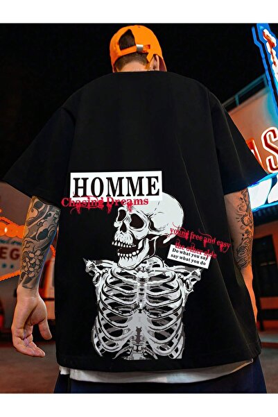 Adrift Stil Harajuku unisex oversize cu slogan și imprimeu cu schelet