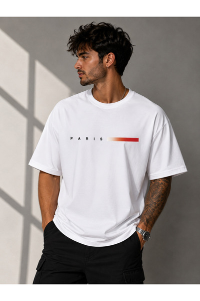 Clothify تيشيرت للجنسين مقاس كبير مطبوع عليه خطوط حمراء باريسية مصنوع من القط...