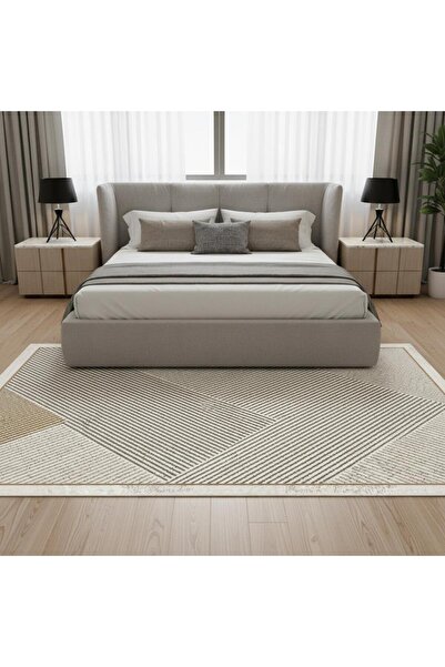 Carpettex Dijital Baskılı Kahve–Bej Modern Halı – Kaymaz Tabanlı Geometrik Desenli Kolay Temizlenebilir Kaymaz