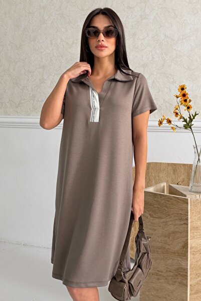 Ded COLLECTION Kadın Yakası Yazı Detaylı Polo Yaka Kısa Kol Modal Yazlık Elbise