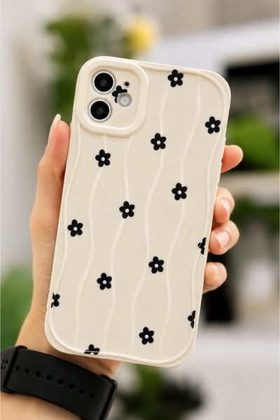 Go Aksesuar Iphone 11 Uyumlu  Dalgalı SİYAH PAPATYA Tasarımlı Baskılı Esnek S...