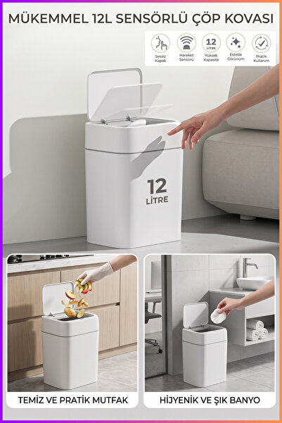Begin Power 12 Litre Sensörlü Çöp Kovası Ofis Mutfak Banyo Çöp Kovası