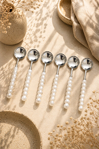 Anadolu Saray 6 Pieces White Plastic Pearl Stone Detailed Silver Tablespoon S...