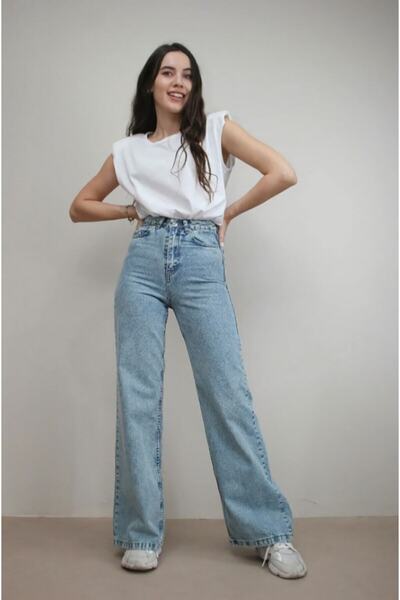 LİMABEL High Waist Lycra Blue Palazzo Jeans Stretchy Jeans