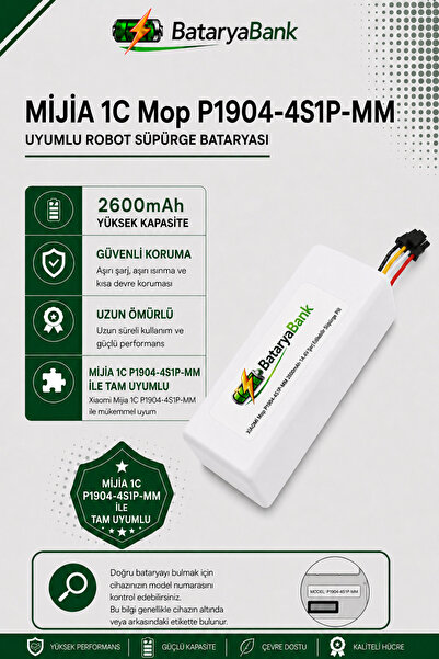 BataryaBank Mi Mijia 1C Robot Vacuum Mop P1904-4S1P-MM Uyumlu 14.4V 2600mAh L...