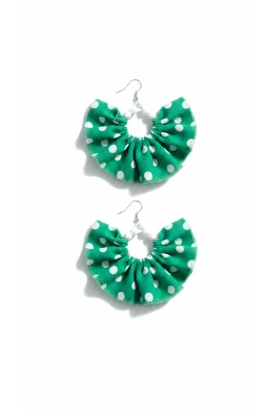 maia Silver Color Hoop Dangle Earrings – Green Polka Dot Patterned Fabric Bea...