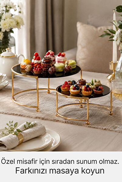 mba decor metal bending art Yuvarlak Ikili Gold Siyah Kahve Yanı Sunumluk Hediyelik Dekorasyon Ikramlık Organizer Mdf Ahşap 26