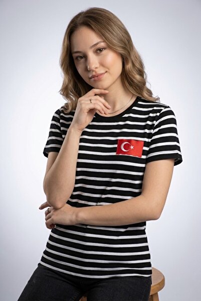 technomonkey Kadın Slim Fit Dar Kesim Türk Bayrağı Baskılı Siyah Beyaz Çizgil...