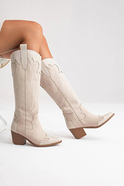 by selvi Lukka Shoes حذاء فاليريا نسائي بيج مطرز كاوبوي ويسترن دالاس