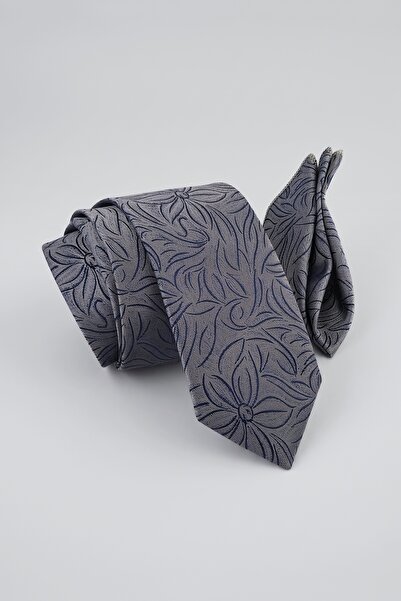 Milleniva Retro Shawl Patterned Gray Navy Blue Tie & Handkerchief