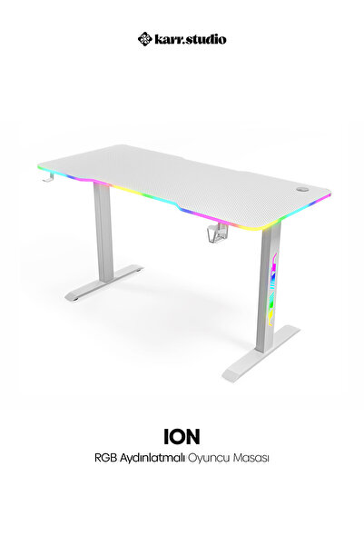 Karr Gaming Ion 25mm Rgb Aydınlatmalı Oyuncu Masası | Beyaz Karbon Fiber Kaplama