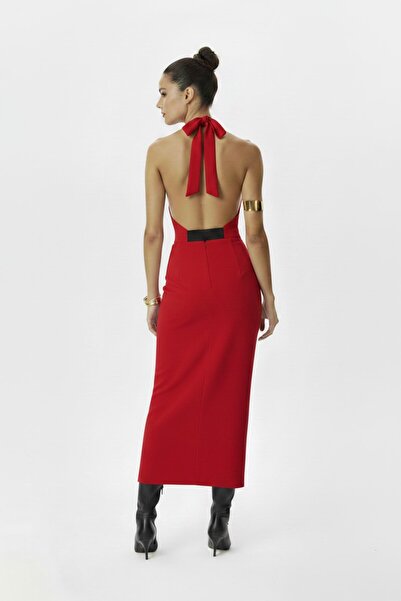 ECEM ALP Drape Detailed Degaje Collar Open Back Halter Neck Red Blouse - Stan...
