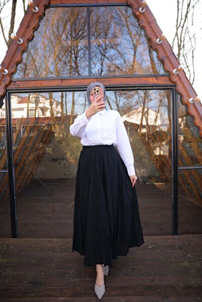 Bwest Elastic Waist Crinkle Detailed Long Skirt - (38-46) - 71258 - Black