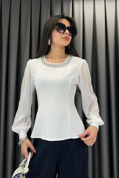 Red Balance Collar Stone Embroidered t Tulle Sleeve Blouse-Ecru Ekru