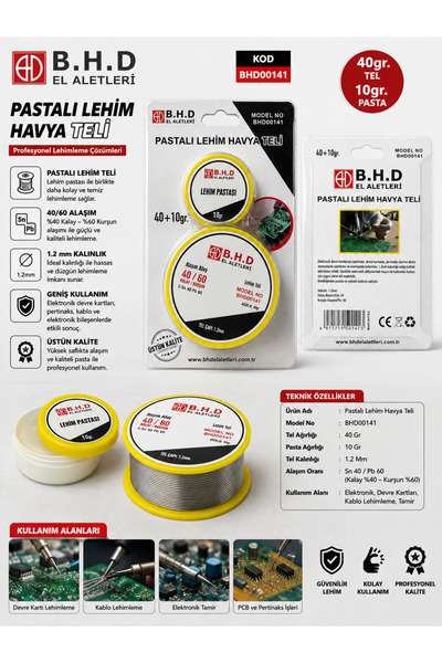 Bhd B.H.D Pastalı Lehim Havya Teli 40 Gr Tel 10 Gram Pasta Kalınlık 1.2 Mm KO...
