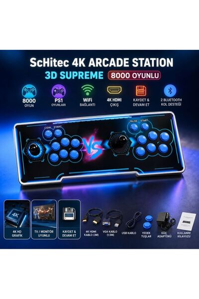 schitec 4K Arcade Station 3D Supreme 8000 Oyunlu TV Baglanan Atari Makinası