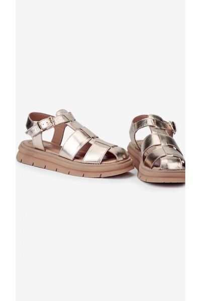 Butik Noble Shoes Hakiki Deri Gold Sandalet
