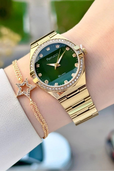 Ferrucci Dial Green Strap Gold Color 32 mm Women's Wristwatch