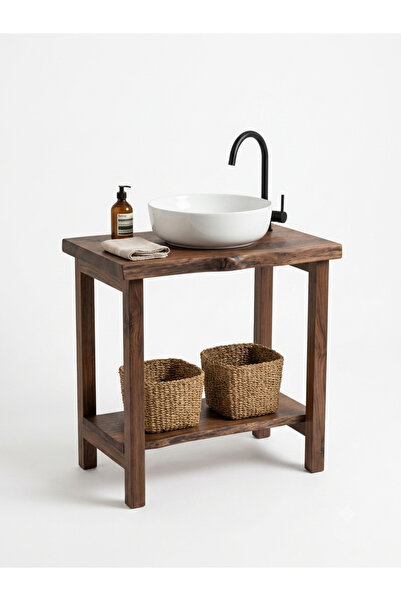 Ahşap Modern Masif Banyo Dolabı Seti - Doğal Görünüm Ceviz Ağacı 70x60x40