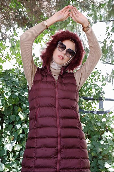 TRENDTESETTÜR KADIN BORDO (K.BORDO) FERMUARLI KAPÜŞONU KÜRKLÜ ŞİŞME YELEK 9001