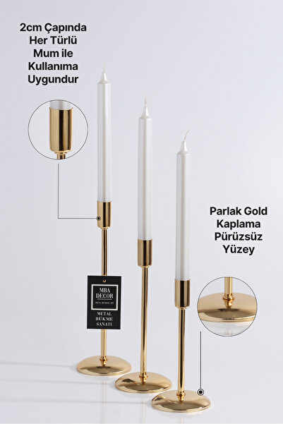 mba decor metal bending art 3'lü ( Üçlü ) Düz Ayak Gold Şamdan Mumluk Dekoratif Mumluk Paslanmaz Kaplama Ev Dekorasyon