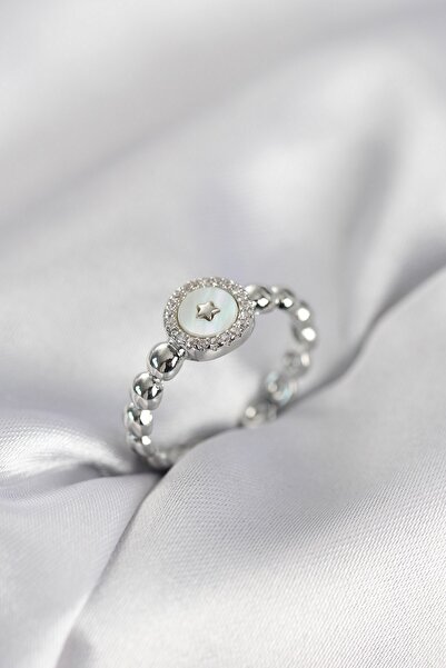 Inure Jewelry خاتم نسائي فضي اللون مرصع بحجر الزركون على شكل نجمة لؤلؤية