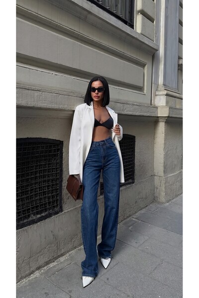 HLT JEANS Σκούρο μπλε γυναικείο τζιν παντελόνι με φαρδιά μπατζάκια, ψηλόμεσο ...