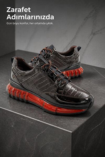 PATRICK CASSA Men's Brown Patent Leather Crocodile 100% Calf Leather Sneaker ...