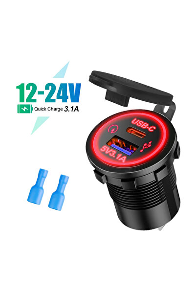 Choice7 Red TYPE-C Universal Motorcycle Car Charger LED Light USB TYPE-C Char...
