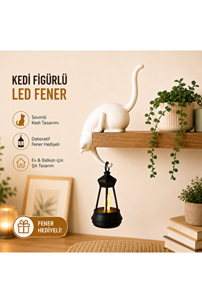 Razmo Dekoratif Kedi Figürlü Led Fenerli Raf Süsü