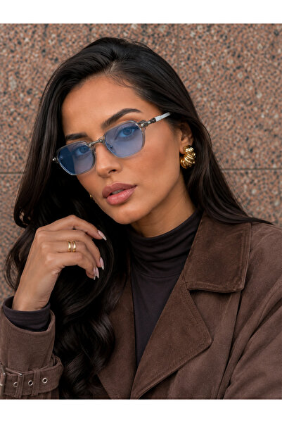 cavezzo Women's Sunglasses Angular Gray Transparent Frame Blue Glass