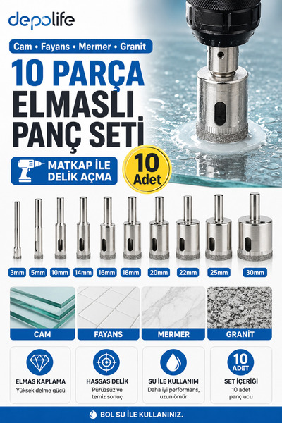 Depolife Cam Fayans Mermer Granit Delme 10 Parça Elmaslı Panç Seti Matkap ile...