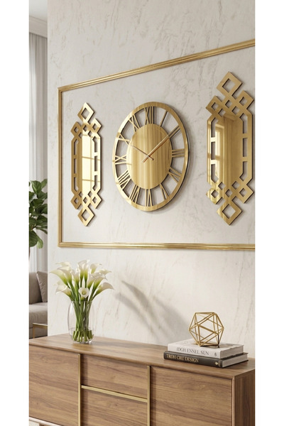 EYKA STORE Dekoratif 3 Lü Set Pleksi Altın Aynalı Şık Duvar Saati Ve Dekoru
