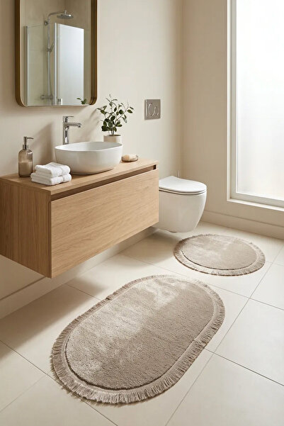 Geus Halı 2li Banyo Paspas Takımı Kaymaz Taban Yumuşak Doku Saçaklı Oval Kesm...