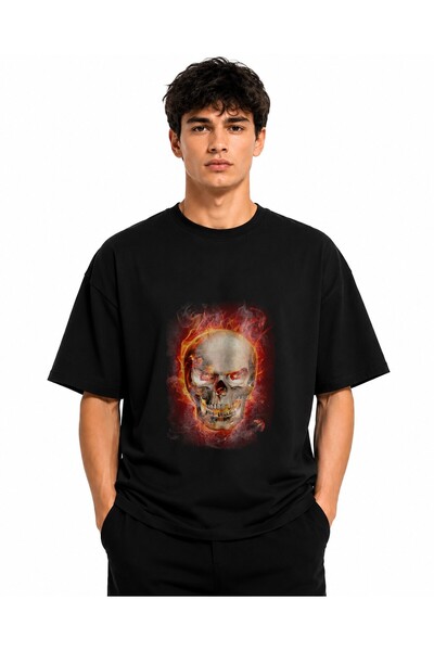 Inscriptie Tricou Unisex Bumbac Premium Casual " Flaming skull "