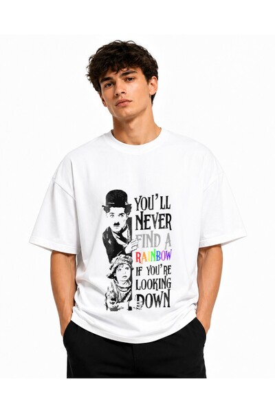 Inscriptie Tricou Unisex Bumbac Premium Casual " Down Charlie Chaplin "